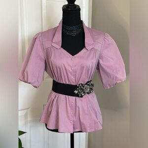 Worthington Button Blouse Purple V Neck Top Short Puff Sleeve Size Medium